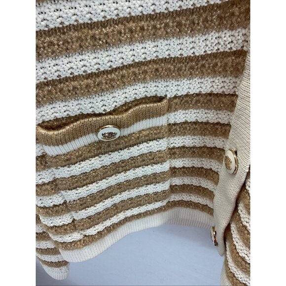 TALBOTS Sweater Blazer Jacket XL‎ Knit striped khaki Ivory Cardigan Old Money - Picture 4 of 12